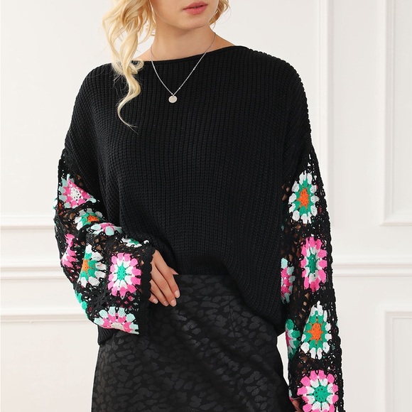 Black Floral Crochet Bell Sleeve Loose sweater Bohemian Blouse - Picture 9 of 16